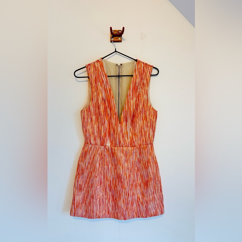 Alice + Olivia Metallic Jacquard Orange/Pink V-Neck Mini Dress - Size 6